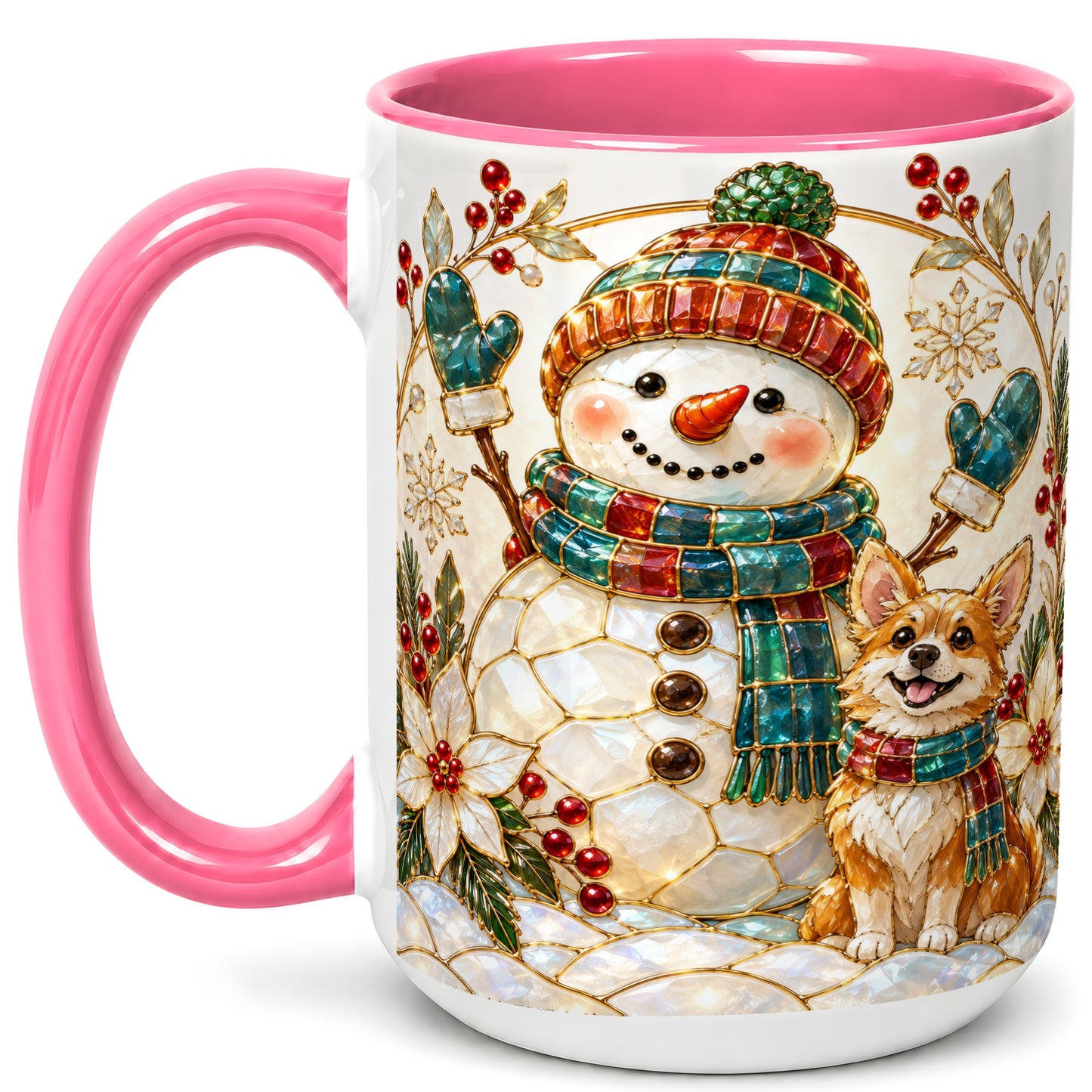 #pl[15oz|Pink] Snowman and Corgi Coffee Mug, Christmas Snowman Mug, Ceramic Cup