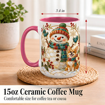 #pl[15oz|Pink] Snowman and Corgi Coffee Mug, Christmas Snowman Mug, Ceramic Cup