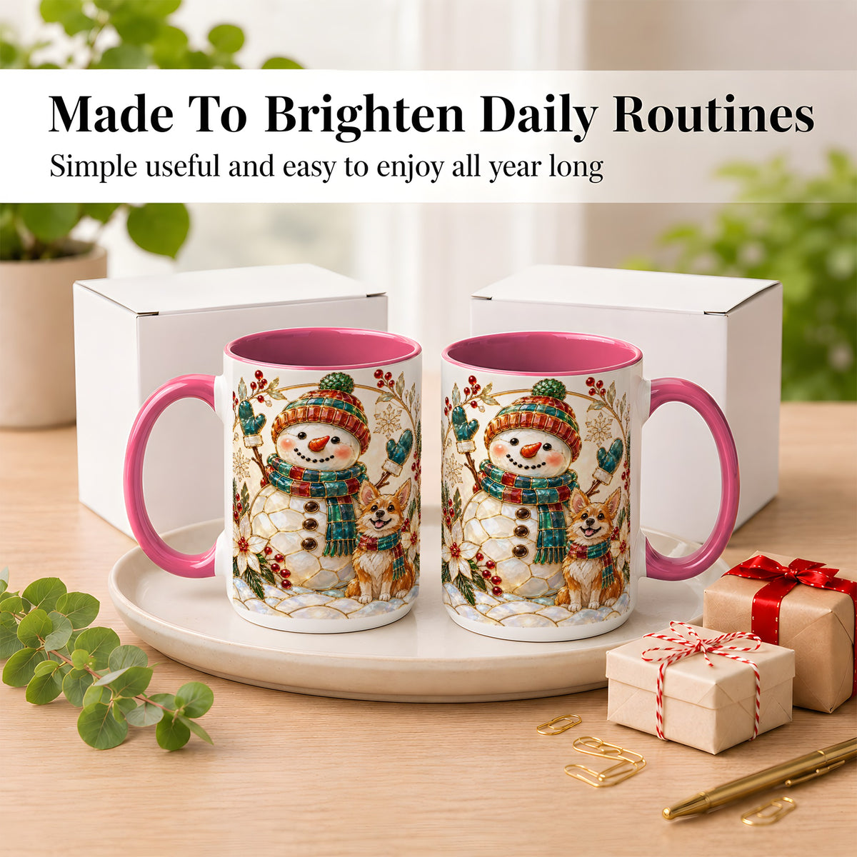#pl[15oz|Pink] Snowman and Corgi Coffee Mug, Christmas Snowman Mug, Ceramic Cup
