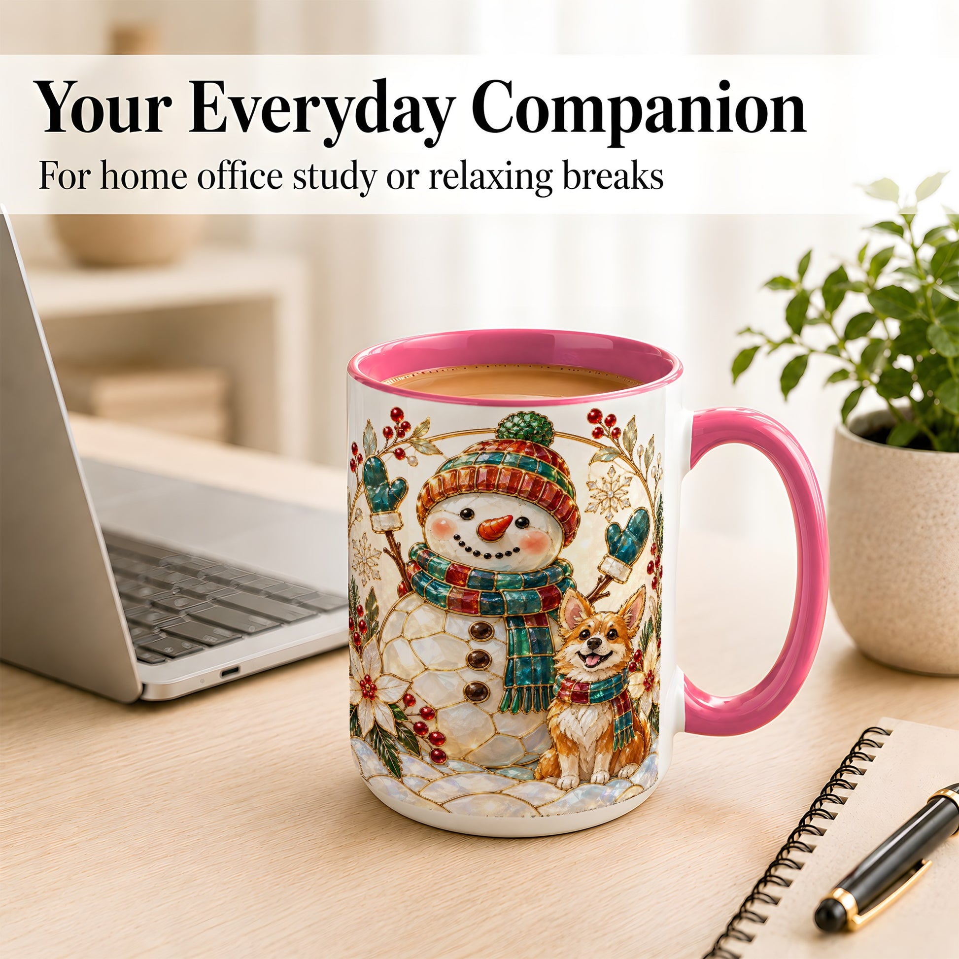 #pl[15oz|Pink] Snowman and Corgi Coffee Mug, Christmas Snowman Mug, Ceramic Cup