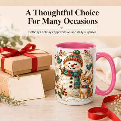 #pl[15oz|Pink] Snowman and Corgi Coffee Mug, Christmas Snowman Mug, Ceramic Cup