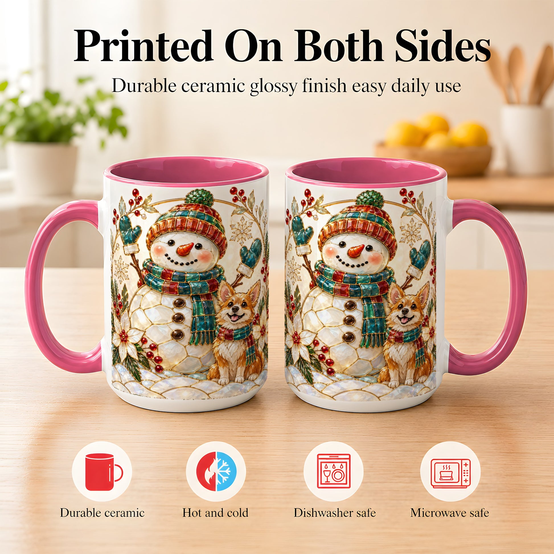 #pl[15oz|Pink] Snowman and Corgi Coffee Mug, Christmas Snowman Mug, Ceramic Cup