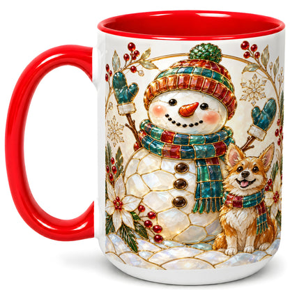 #pl[15oz|Red] Snowman and Corgi Coffee Mug, Christmas Snowman Mug, Ceramic Cup