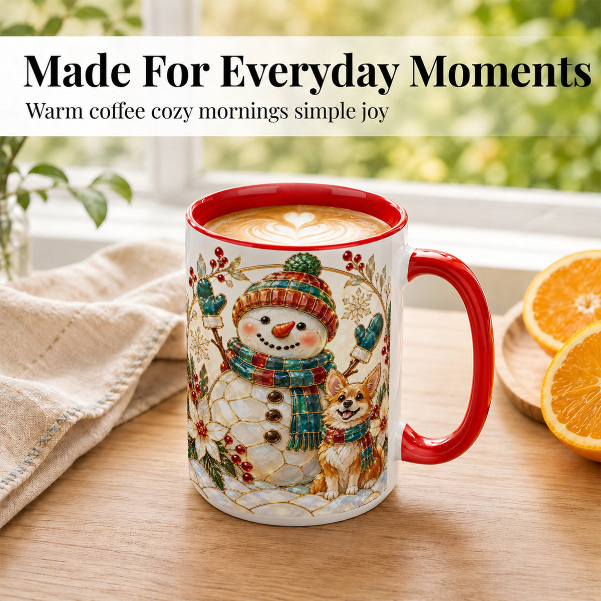 #pl[15oz|Red] Snowman and Corgi Coffee Mug, Christmas Snowman Mug, Ceramic Cup