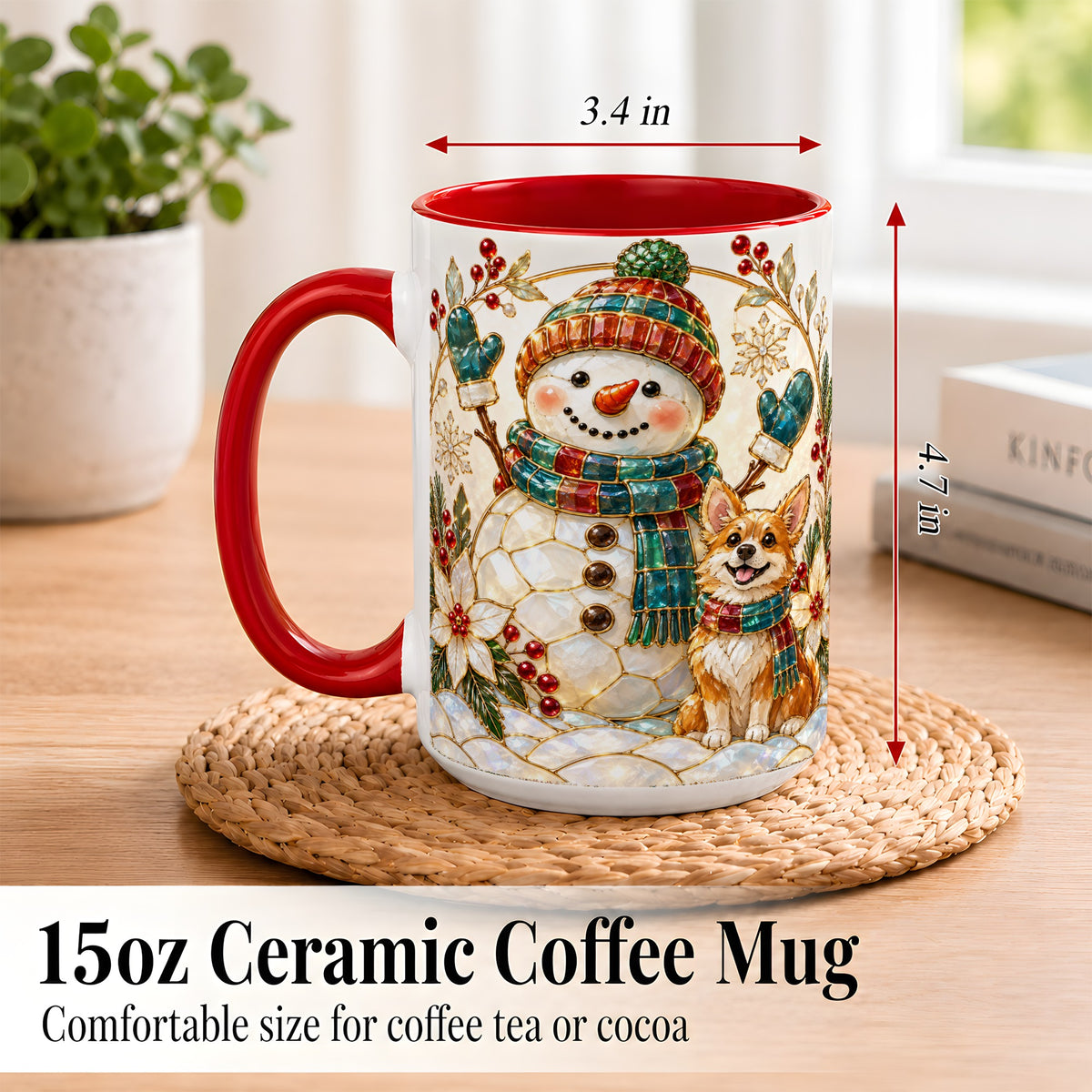 #pl[15oz|Red] Snowman and Corgi Coffee Mug, Christmas Snowman Mug, Ceramic Cup