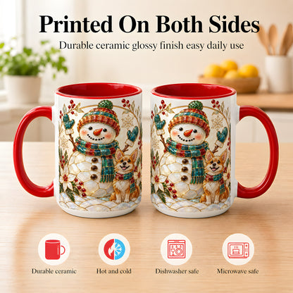 #pl[15oz|Red] Snowman and Corgi Coffee Mug, Christmas Snowman Mug, Ceramic Cup