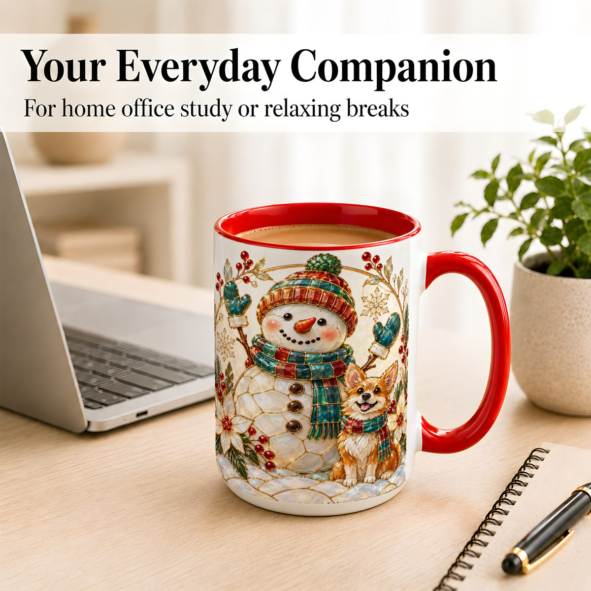 #pl[15oz|Red] Snowman and Corgi Coffee Mug, Christmas Snowman Mug, Ceramic Cup