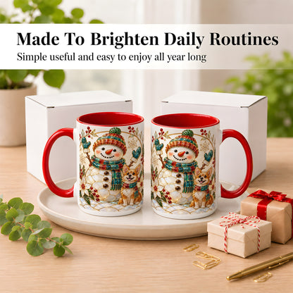 #pl[15oz|Red] Snowman and Corgi Coffee Mug, Christmas Snowman Mug, Ceramic Cup