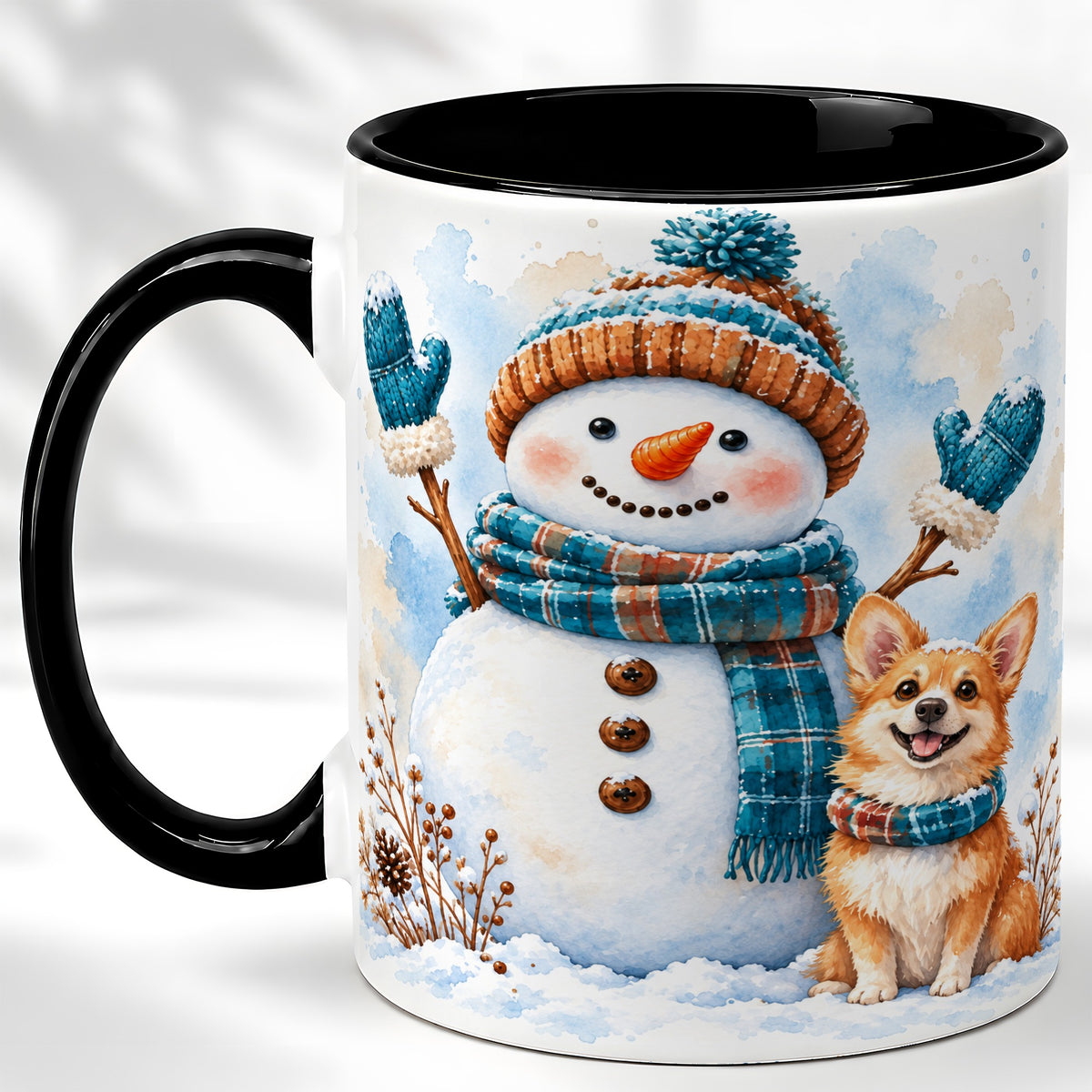 #pl[11oz|Black] Snowman and Corgi Coffee Mug, Winter Snow Mug, Ceramic Cup