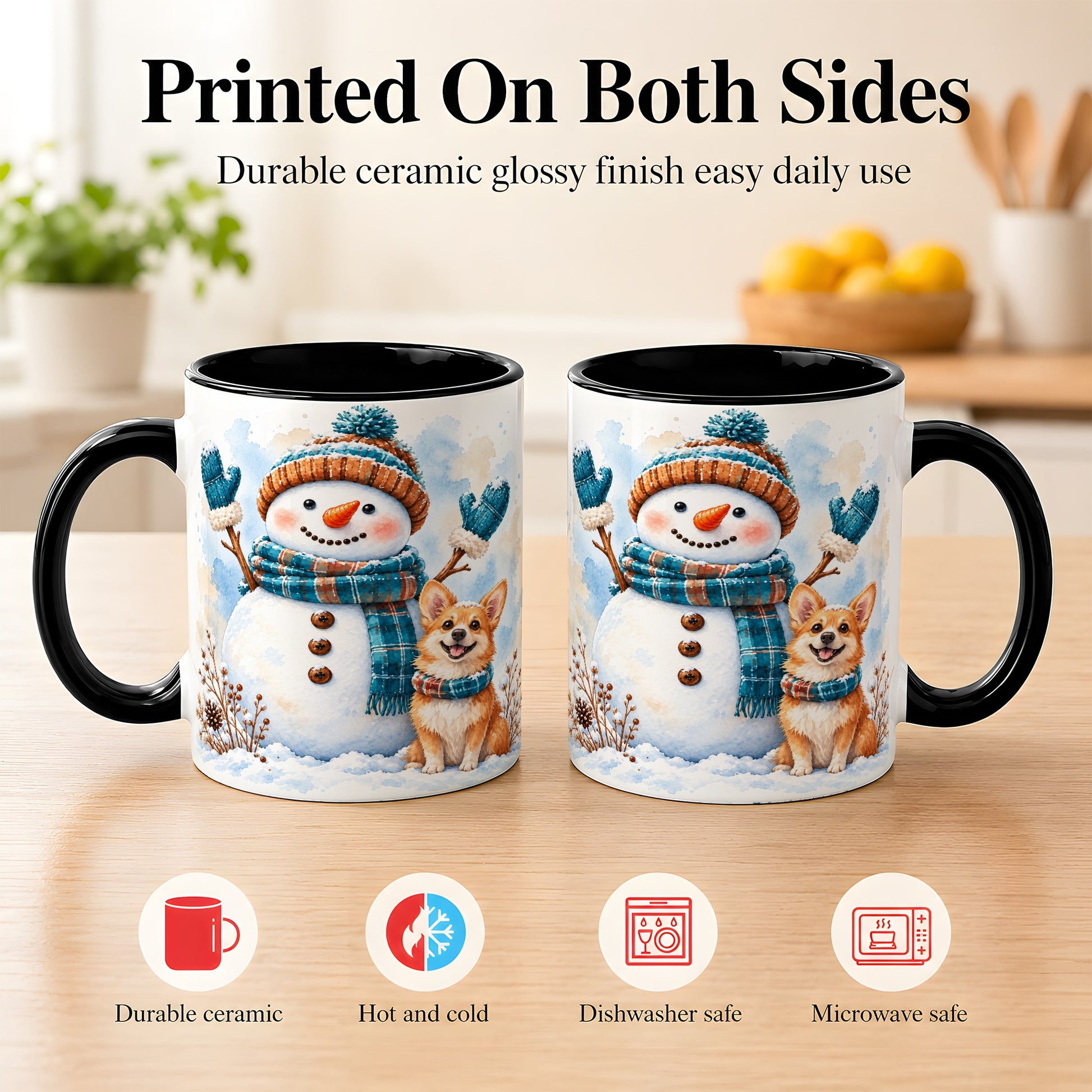 #pl[11oz|Black] Snowman and Corgi Coffee Mug, Winter Snow Mug, Ceramic Cup