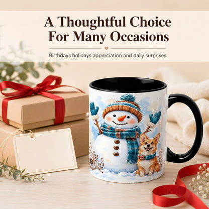 #pl[11oz|Black] Snowman and Corgi Coffee Mug, Winter Snow Mug, Ceramic Cup