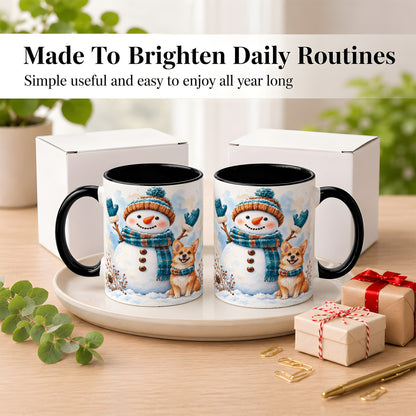 #pl[11oz|Black] Snowman and Corgi Coffee Mug, Winter Snow Mug, Ceramic Cup