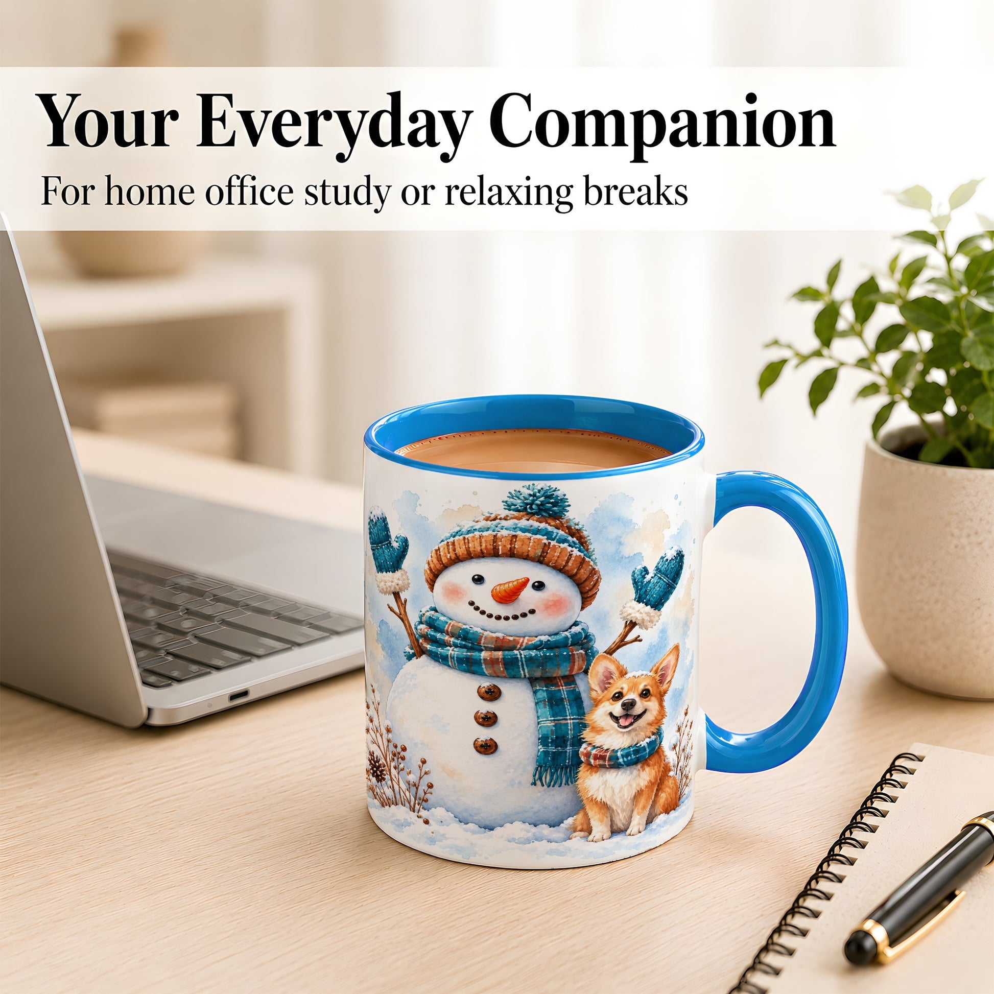 #pl[11oz|Blue] Snowman and Corgi Coffee Mug, Winter Snow Mug, Ceramic Cup