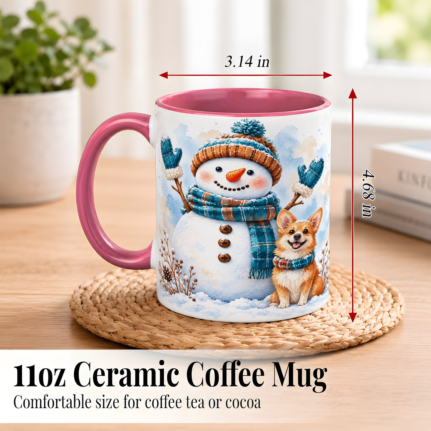 #pl[11oz|Pink] Snowman and Corgi Coffee Mug, Winter Snow Mug, Ceramic Cup