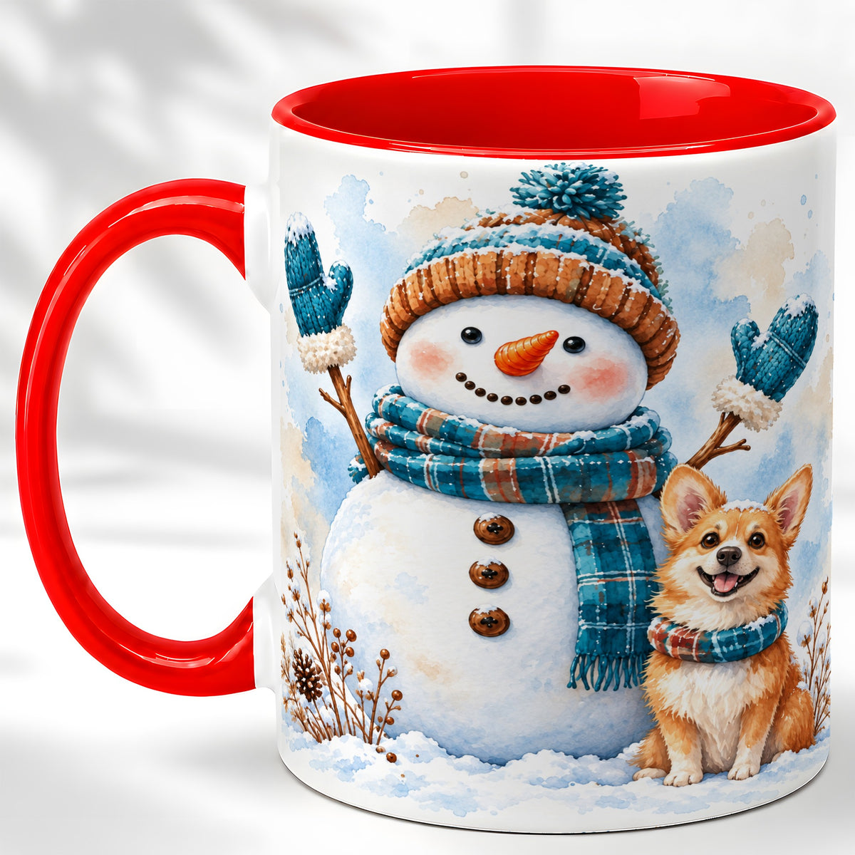 Snowman and Corgi Coffee Mug, Winter Snow Mug, Ceramic Cup