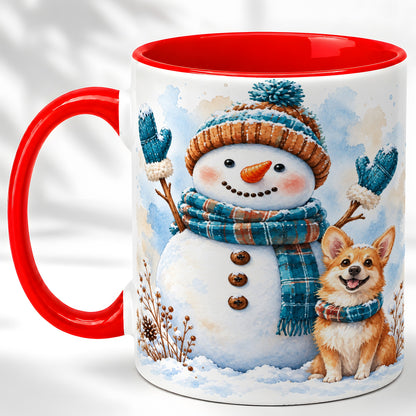Snowman and Corgi Coffee Mug, Winter Snow Mug, Ceramic Cup