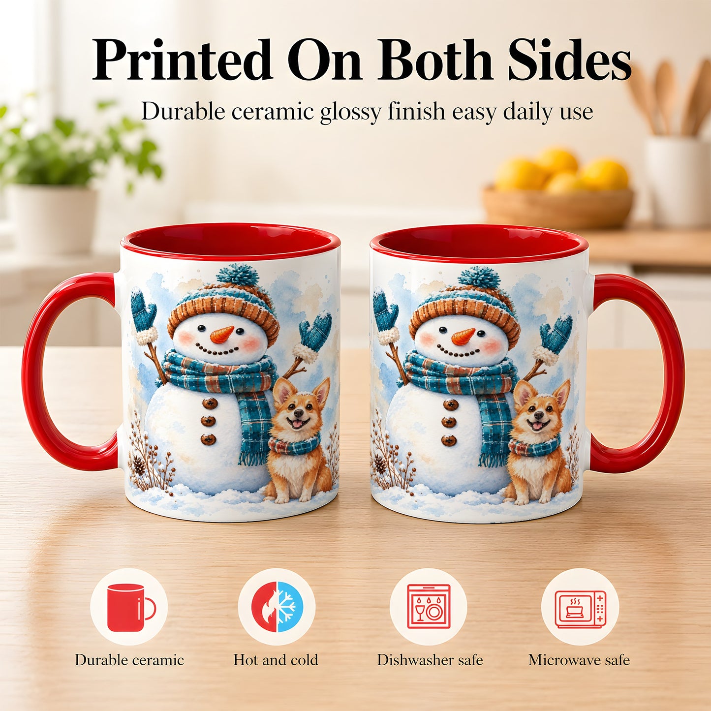 #pl[11oz|Red] Snowman and Corgi Coffee Mug, Winter Snow Mug, Ceramic Cup