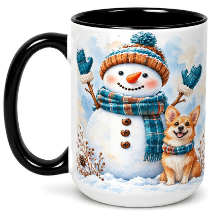 #pl[15oz|Black] Snowman and Corgi Coffee Mug, Winter Snow Mug, Ceramic Cup