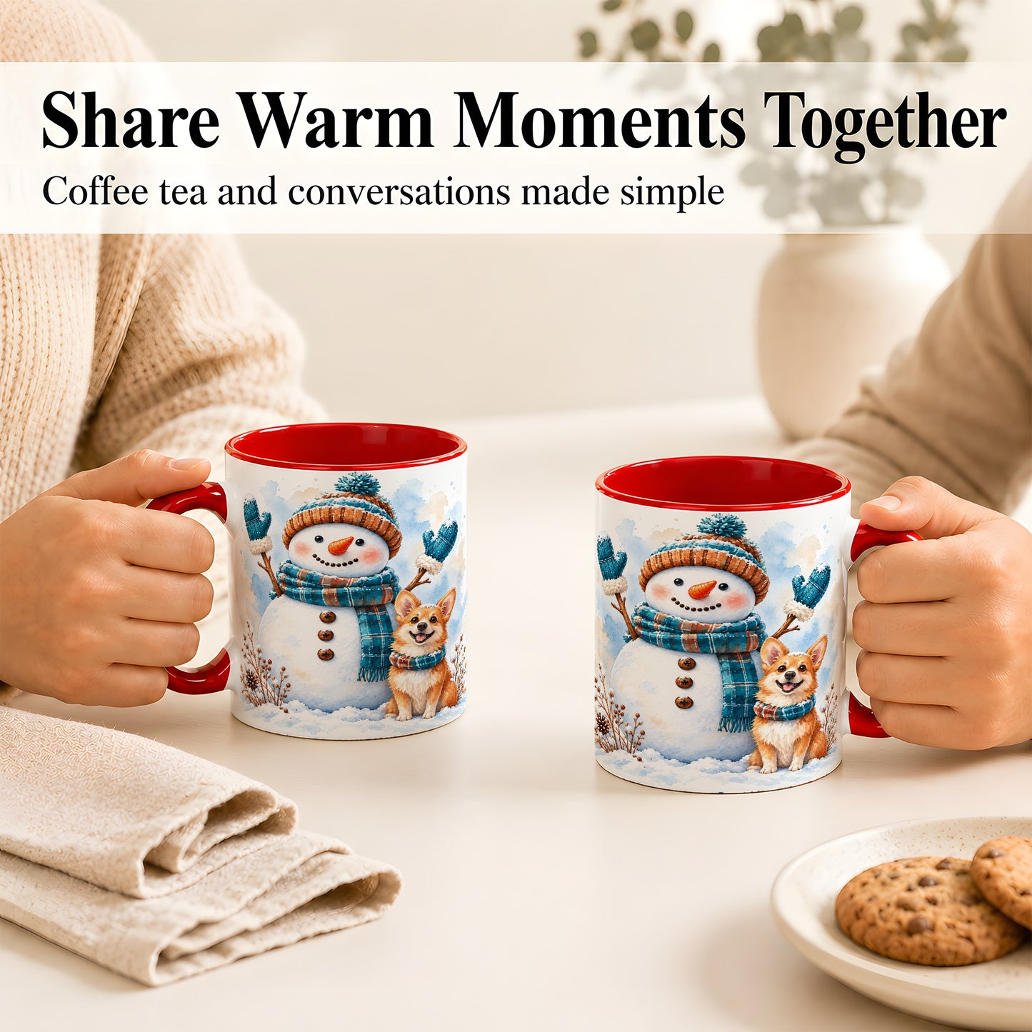 #pl[11oz|Red] Snowman and Corgi Coffee Mug, Winter Snow Mug, Ceramic Cup