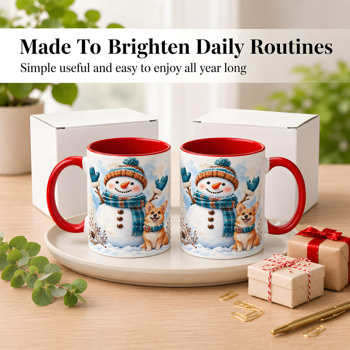 #pl[11oz|Red] Snowman and Corgi Coffee Mug, Winter Snow Mug, Ceramic Cup