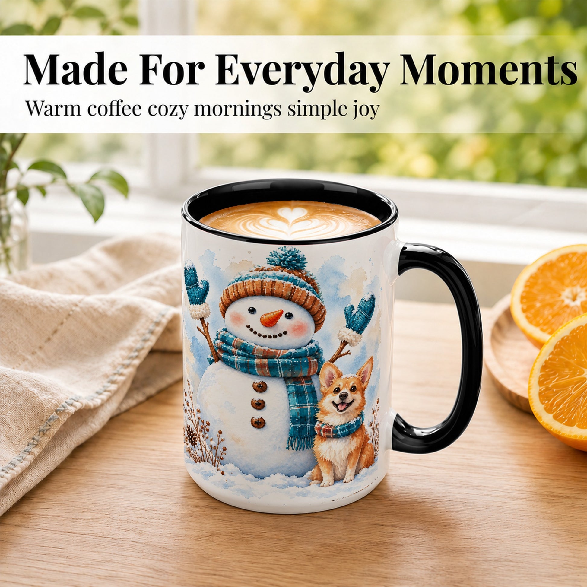 #pl[15oz|Black] Snowman and Corgi Coffee Mug, Winter Snow Mug, Ceramic Cup