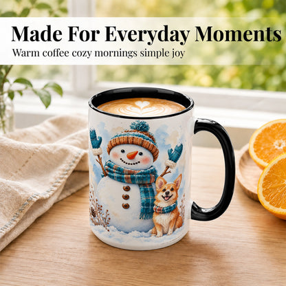 #pl[15oz|Black] Snowman and Corgi Coffee Mug, Winter Snow Mug, Ceramic Cup