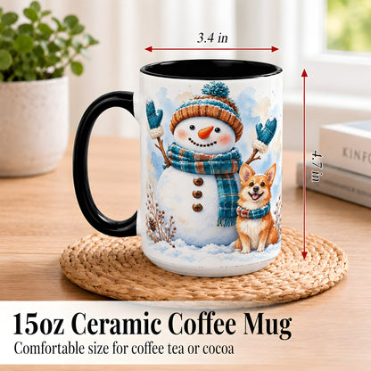 #pl[15oz|Black] Snowman and Corgi Coffee Mug, Winter Snow Mug, Ceramic Cup