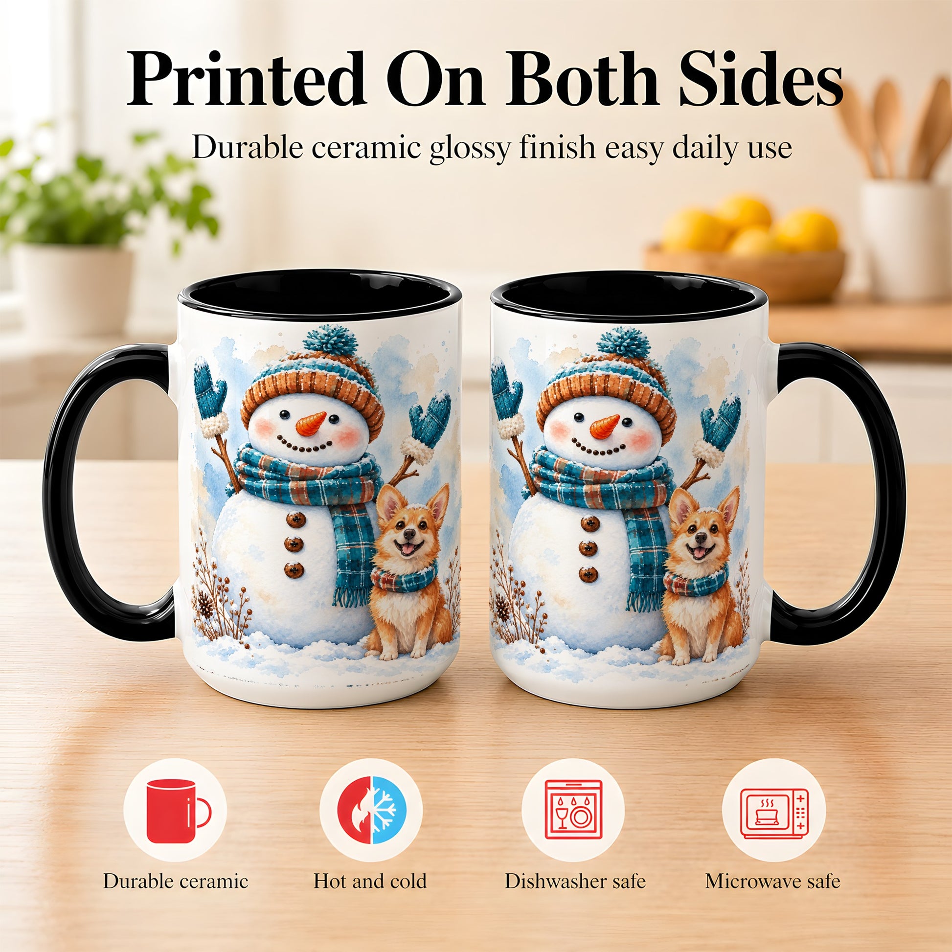 #pl[15oz|Black] Snowman and Corgi Coffee Mug, Winter Snow Mug, Ceramic Cup