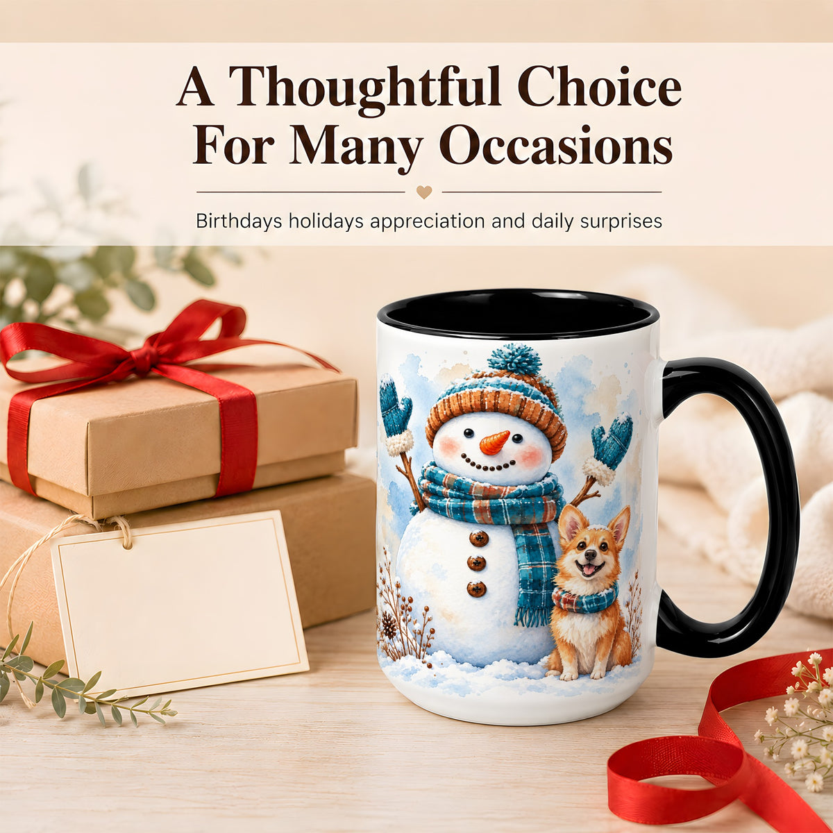 #pl[15oz|Black] Snowman and Corgi Coffee Mug, Winter Snow Mug, Ceramic Cup