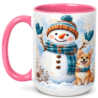 #pl[15oz|Pink] Snowman and Corgi Coffee Mug, Winter Snow Mug, Ceramic Cup