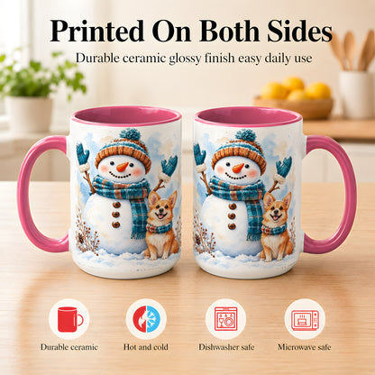 #pl[15oz|Pink] Snowman and Corgi Coffee Mug, Winter Snow Mug, Ceramic Cup