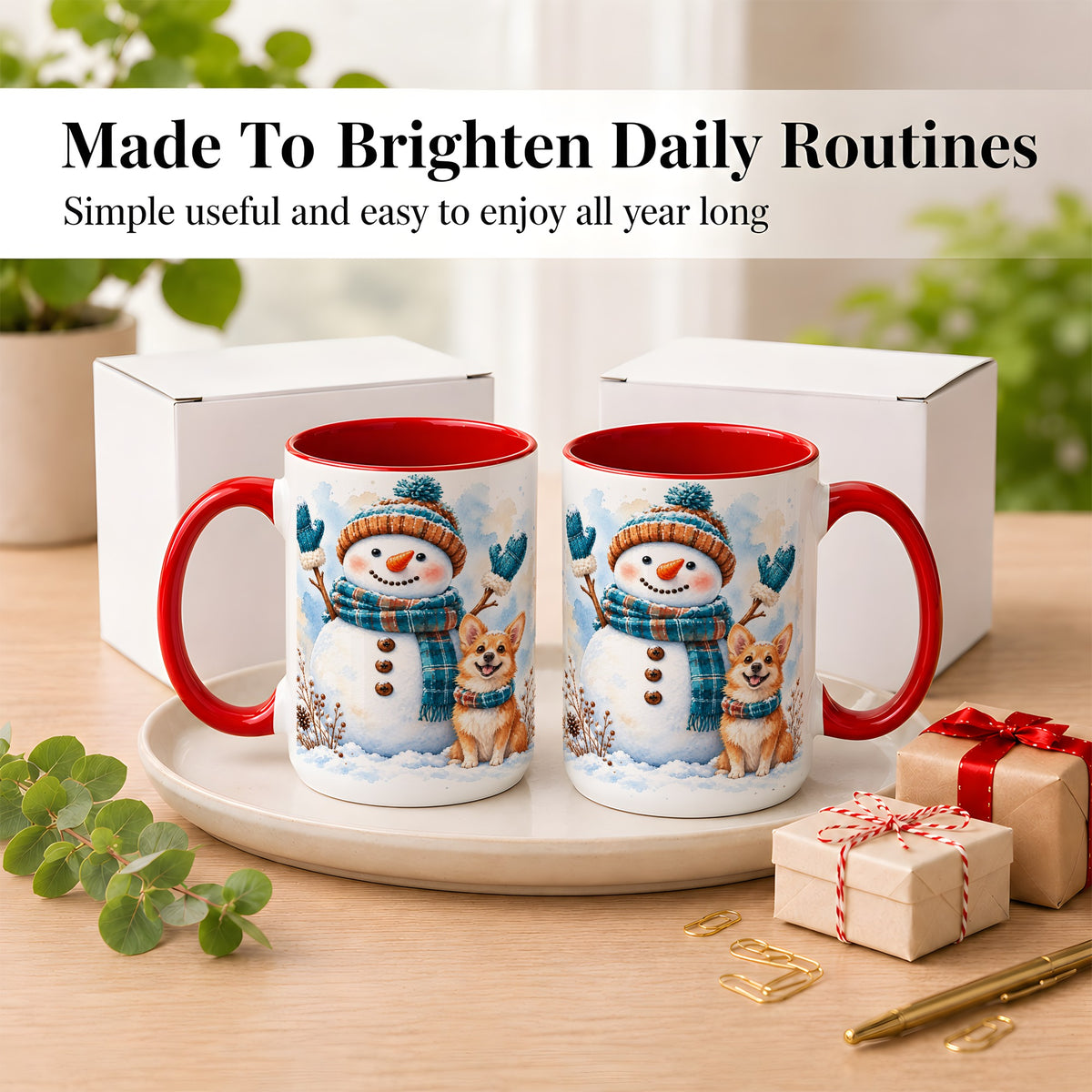#pl[15oz|Red] Snowman and Corgi Coffee Mug, Winter Snow Mug, Ceramic Cup