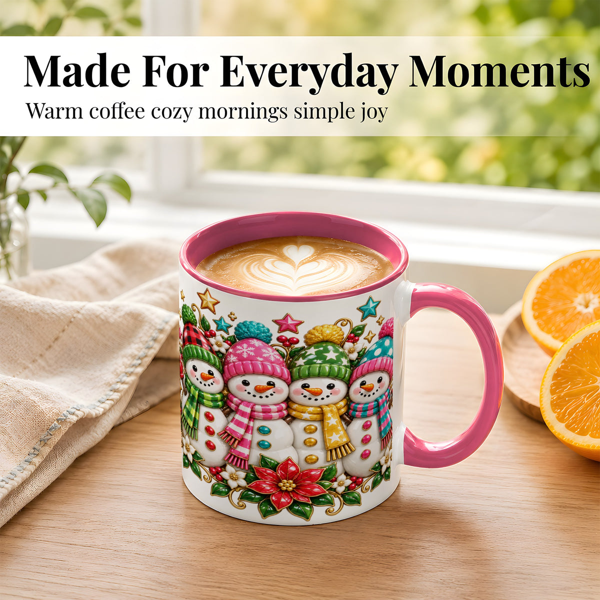 #pl[11oz|Pink] Snowman Family Coffee Mug, Colorful Holiday Mug, Ceramic Cup