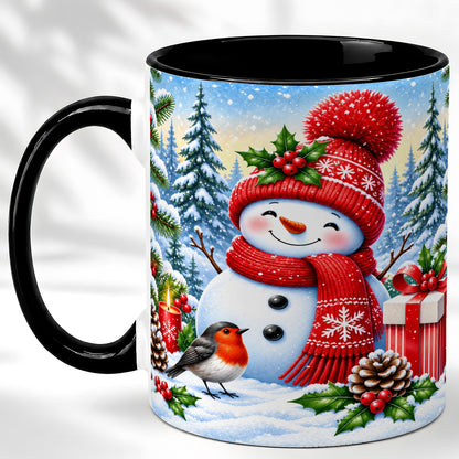 #pl[11oz|Black] Christmas Snowman Coffee Mug, Winter Robin Mug, Ceramic Cup