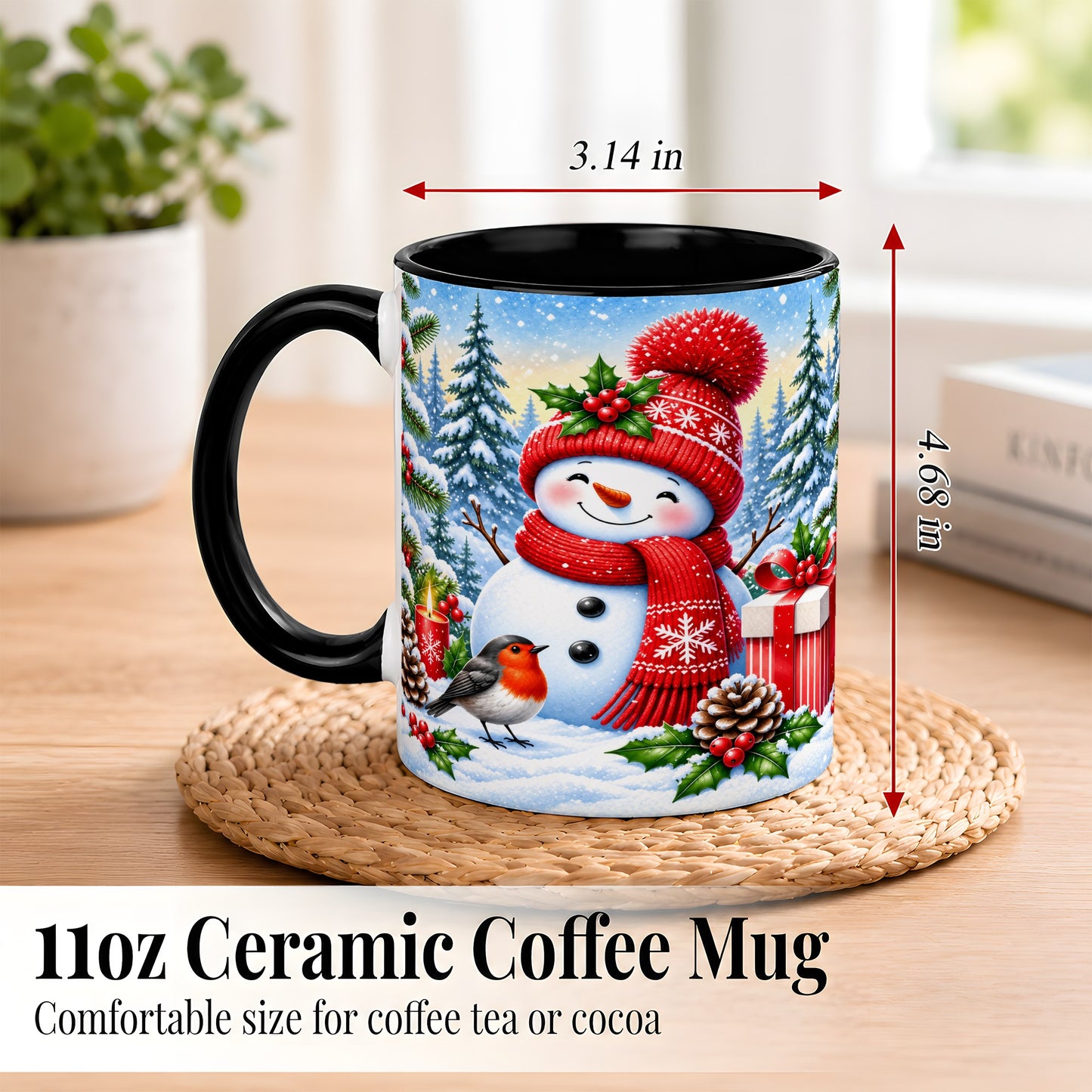 #pl[11oz|Black] Christmas Snowman Coffee Mug, Winter Robin Mug, Ceramic Cup