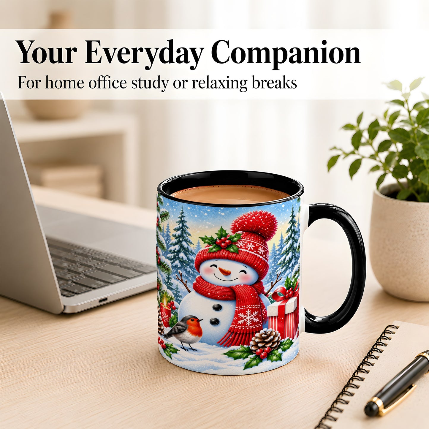 #pl[11oz|Black] Christmas Snowman Coffee Mug, Winter Robin Mug, Ceramic Cup