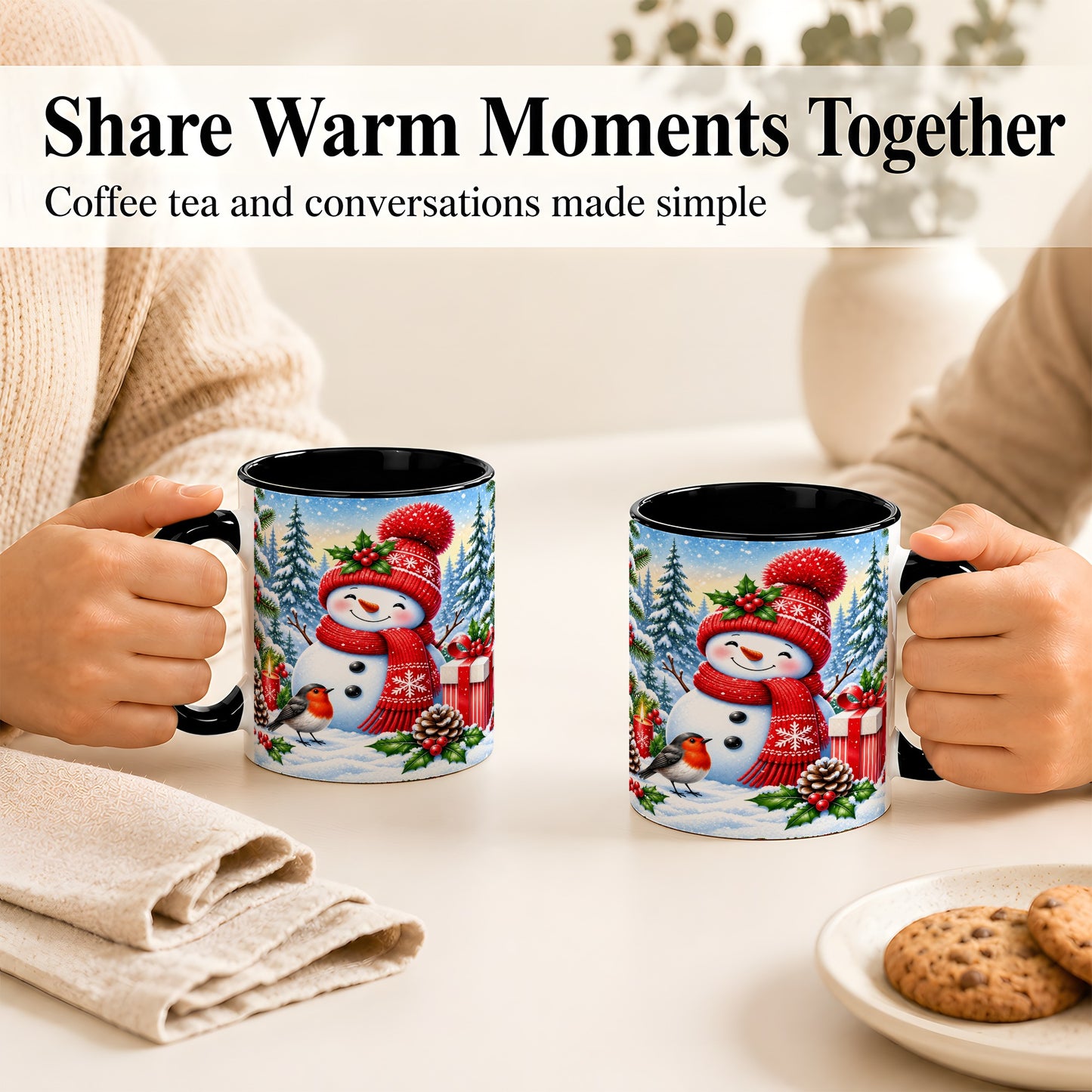 #pl[11oz|Black] Christmas Snowman Coffee Mug, Winter Robin Mug, Ceramic Cup
