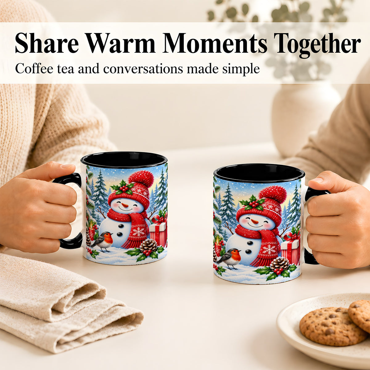 #pl[11oz|Black] Christmas Snowman Coffee Mug, Winter Robin Mug, Ceramic Cup