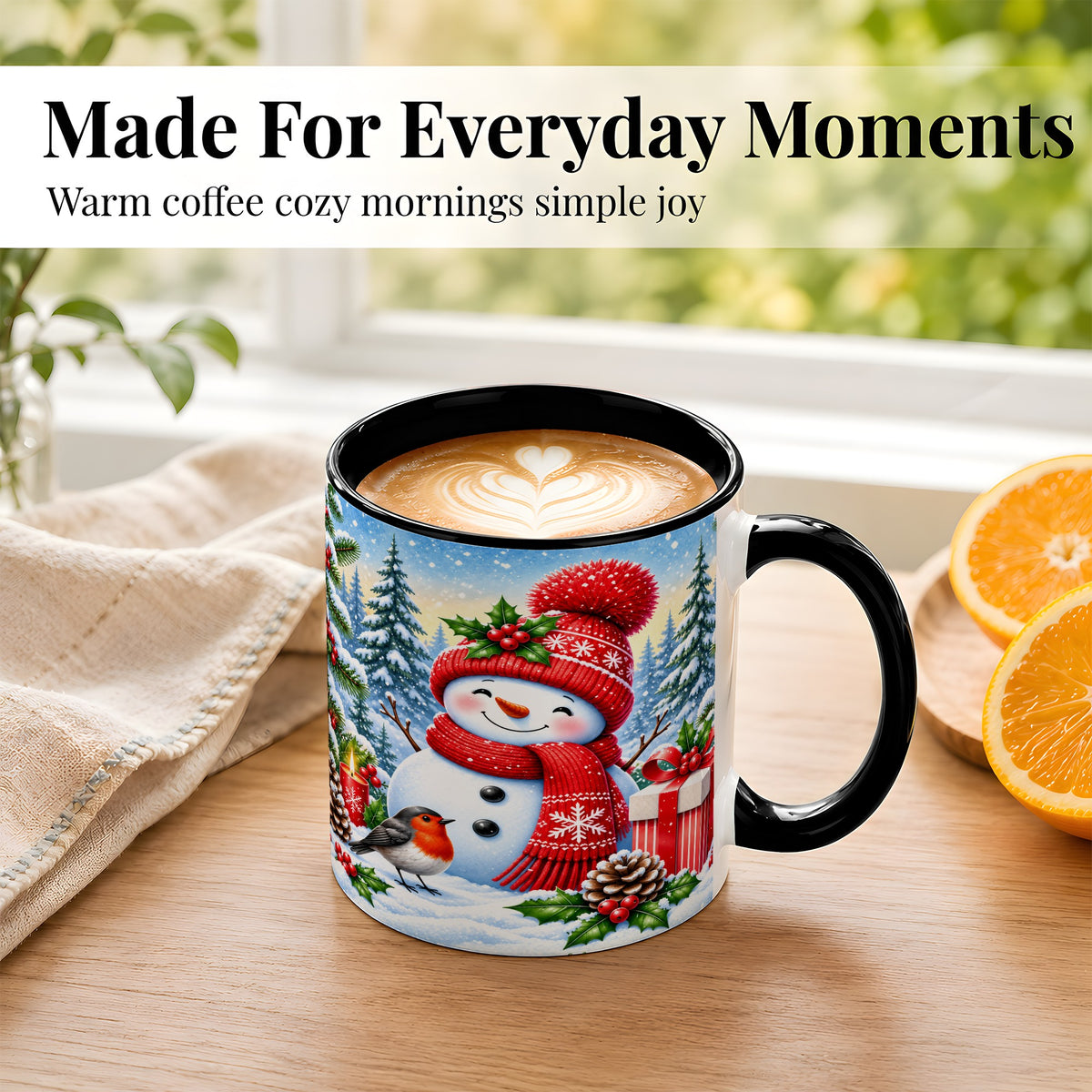 #pl[11oz|Black] Christmas Snowman Coffee Mug, Winter Robin Mug, Ceramic Cup