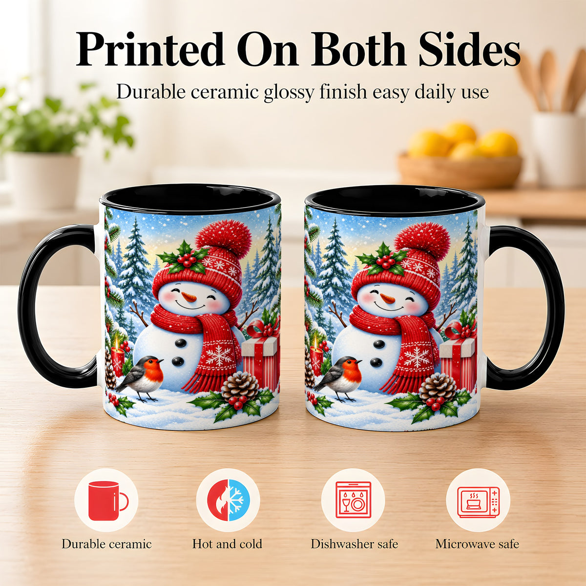 #pl[11oz|Black] Christmas Snowman Coffee Mug, Winter Robin Mug, Ceramic Cup