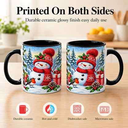 #pl[11oz|Black] Christmas Snowman Coffee Mug, Winter Robin Mug, Ceramic Cup