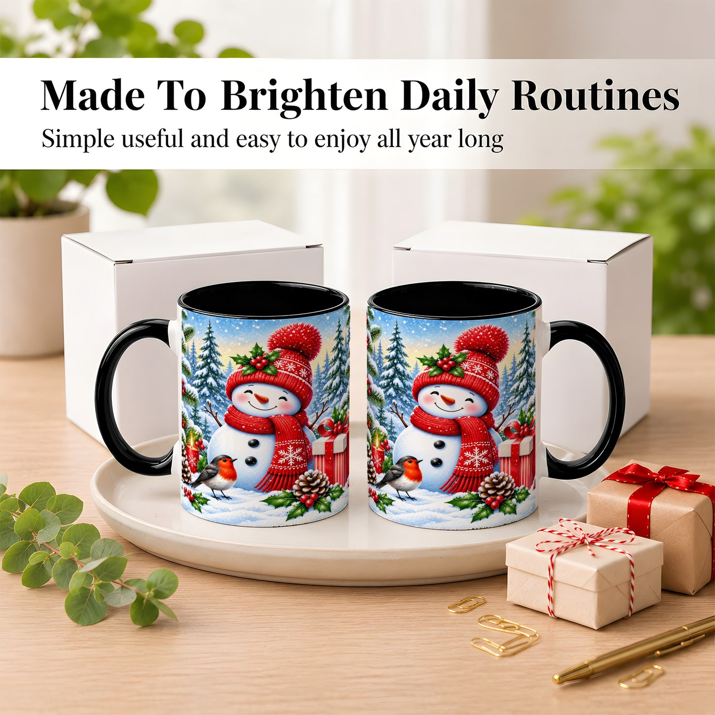 #pl[11oz|Black] Christmas Snowman Coffee Mug, Winter Robin Mug, Ceramic Cup