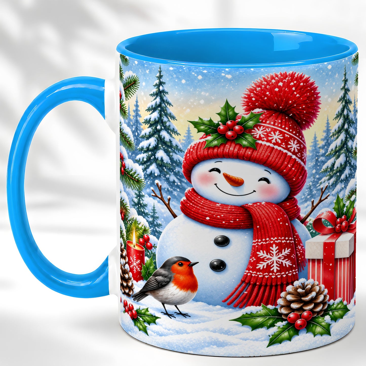 #pl[11oz|Blue] Christmas Snowman Coffee Mug, Winter Robin Mug, Ceramic Cup