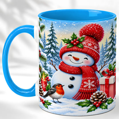 #pl[11oz|Blue] Christmas Snowman Coffee Mug, Winter Robin Mug, Ceramic Cup