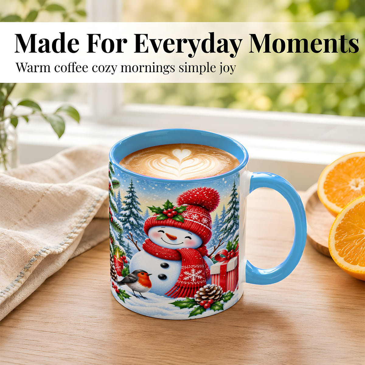 #pl[11oz|Blue] Christmas Snowman Coffee Mug, Winter Robin Mug, Ceramic Cup