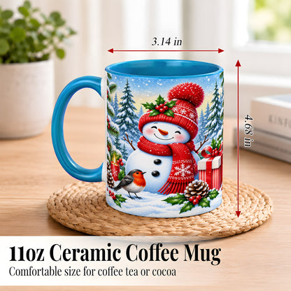 #pl[11oz|Blue] Christmas Snowman Coffee Mug, Winter Robin Mug, Ceramic Cup