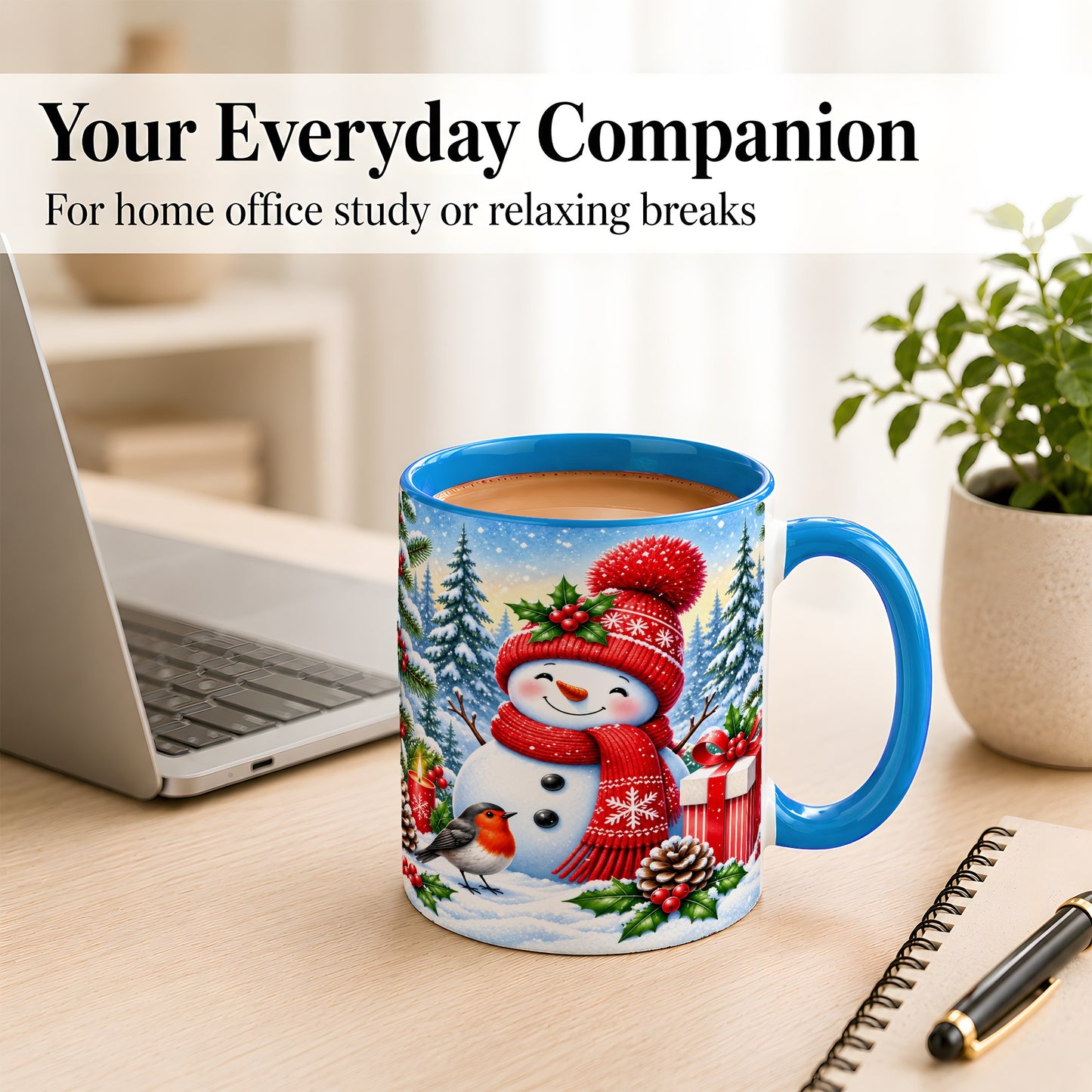 #pl[11oz|Blue] Christmas Snowman Coffee Mug, Winter Robin Mug, Ceramic Cup