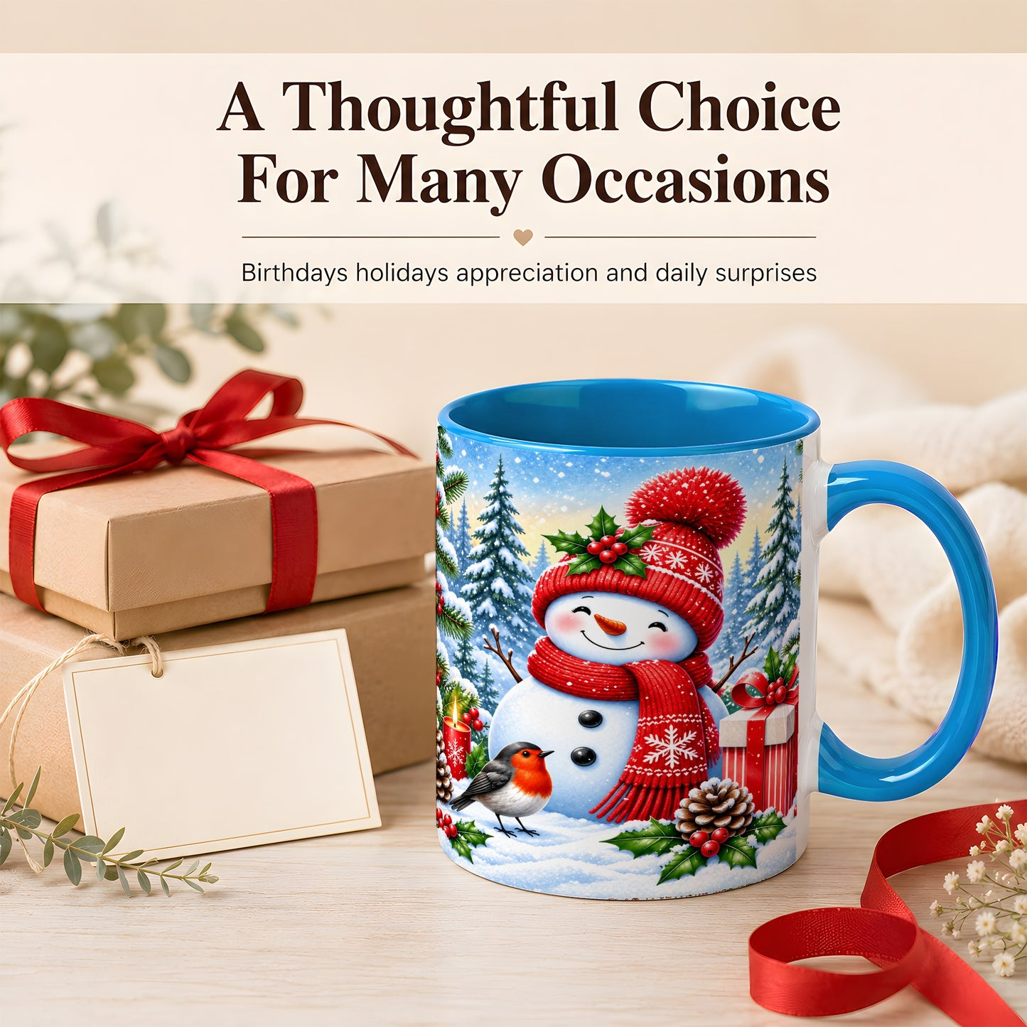 #pl[11oz|Blue] Christmas Snowman Coffee Mug, Winter Robin Mug, Ceramic Cup