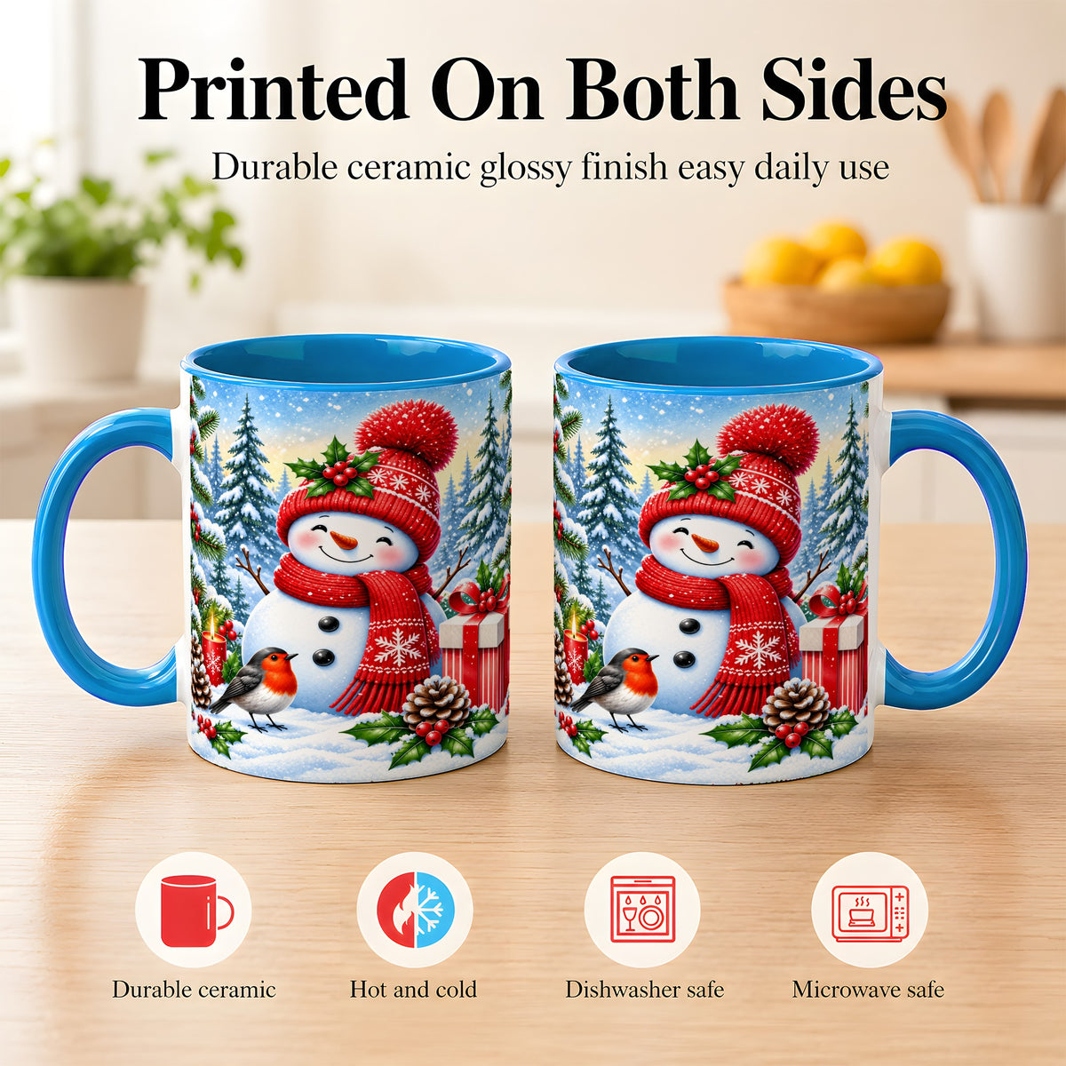 #pl[11oz|Blue] Christmas Snowman Coffee Mug, Winter Robin Mug, Ceramic Cup