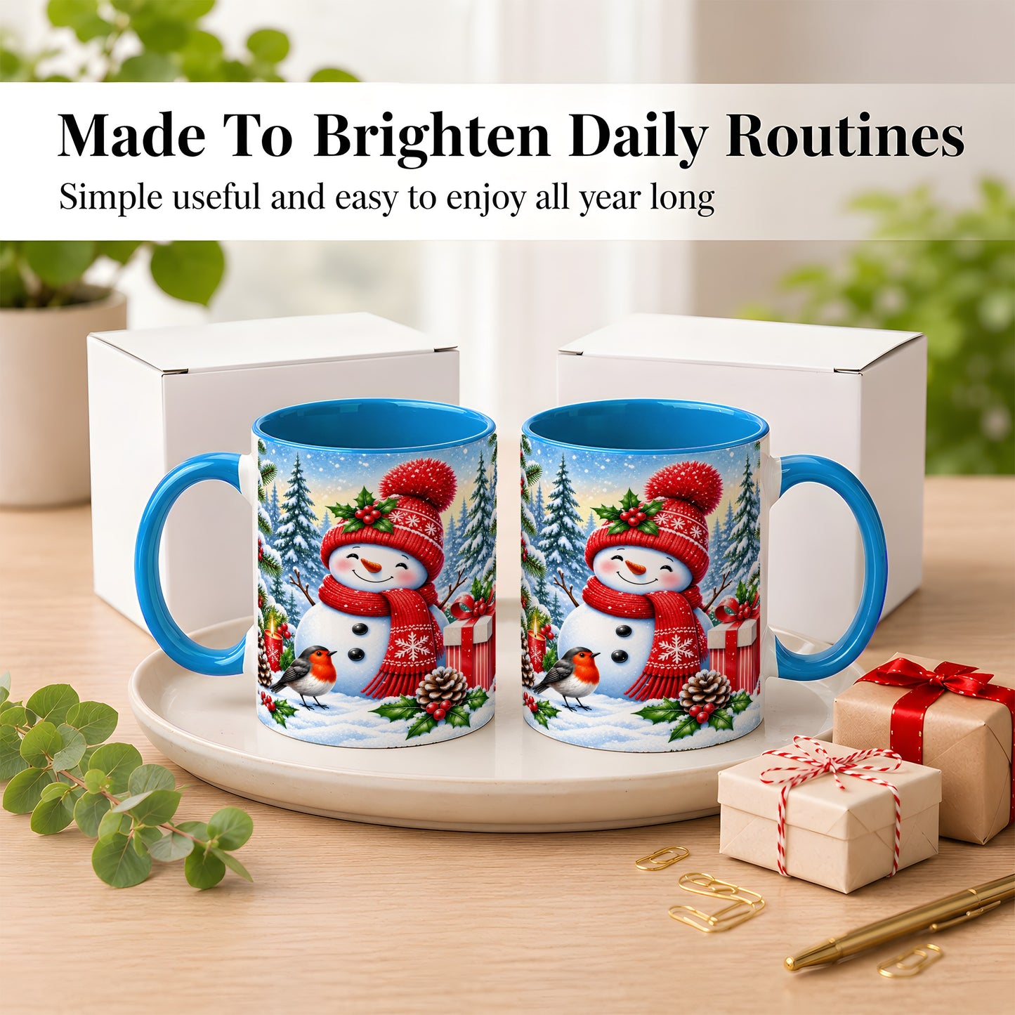 #pl[11oz|Blue] Christmas Snowman Coffee Mug, Winter Robin Mug, Ceramic Cup